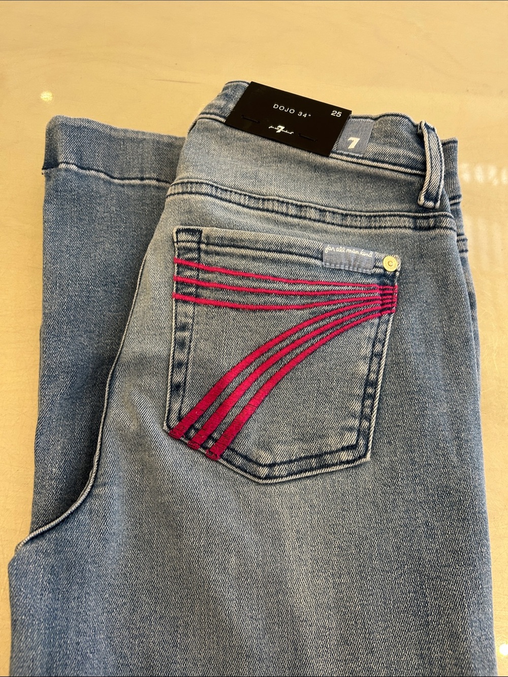 7 For All Mankind Light Blue Dojo with Pink Pocket Stitching